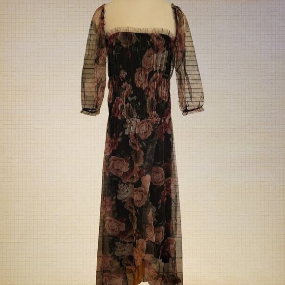 NWT Boohoo Off The Shoulder Mesh Floral Ruched Maxi Dress Black Womens Size 10 - Picture 3 of 11